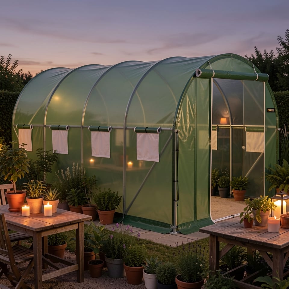 A green walk-in tunnel greenhouse with a zippered door and roll-up windows.