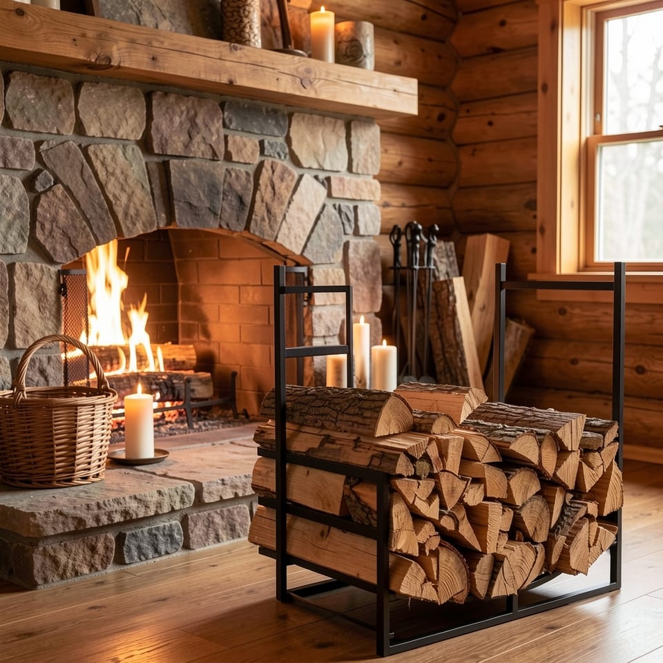 Black metal firewood stand with hooks