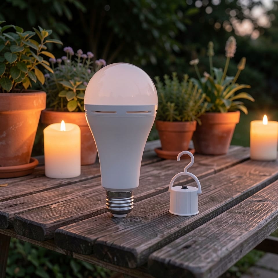 Emergency LED bulb with hook on a camping site at night