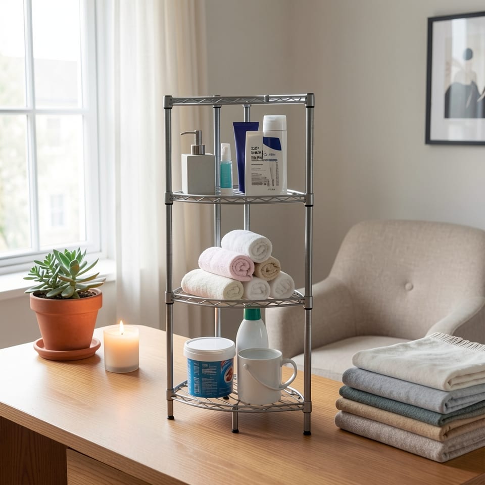 A silver gray 4-layer corner storage rack with various bathroom items