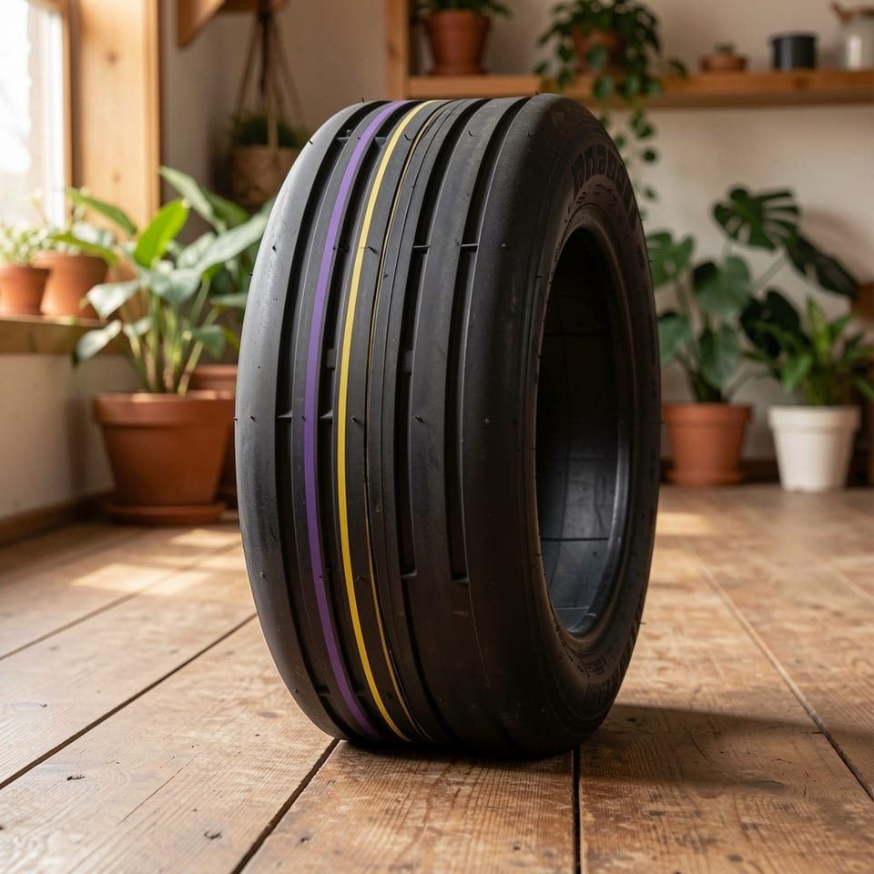 Close-up of tire tread with yellow and purple stripes
