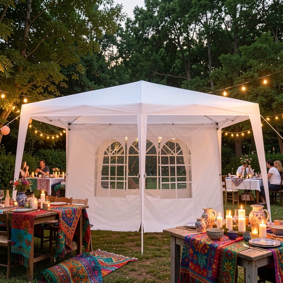 A white 3x3m canopy tent set up on a grassy area near a waterfront with trees and a clear sky in the background.