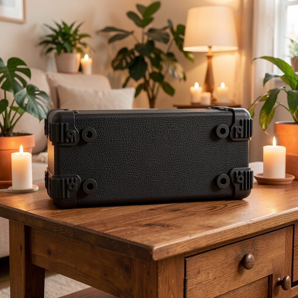 Black electric guitar amplifier with textured surface and rubber feet