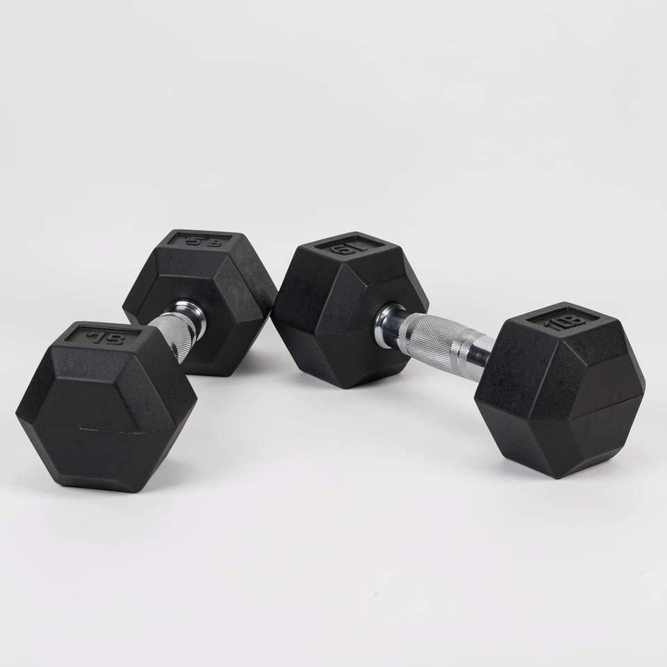 A pair of 15LB rubber-coated dumbbells on a white background