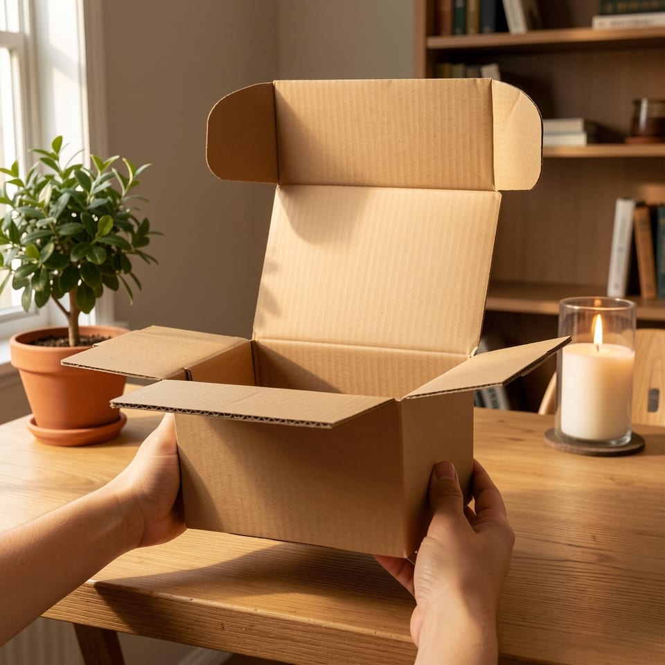 Opened corrugated paper packaging box with white exterior and yellow interior