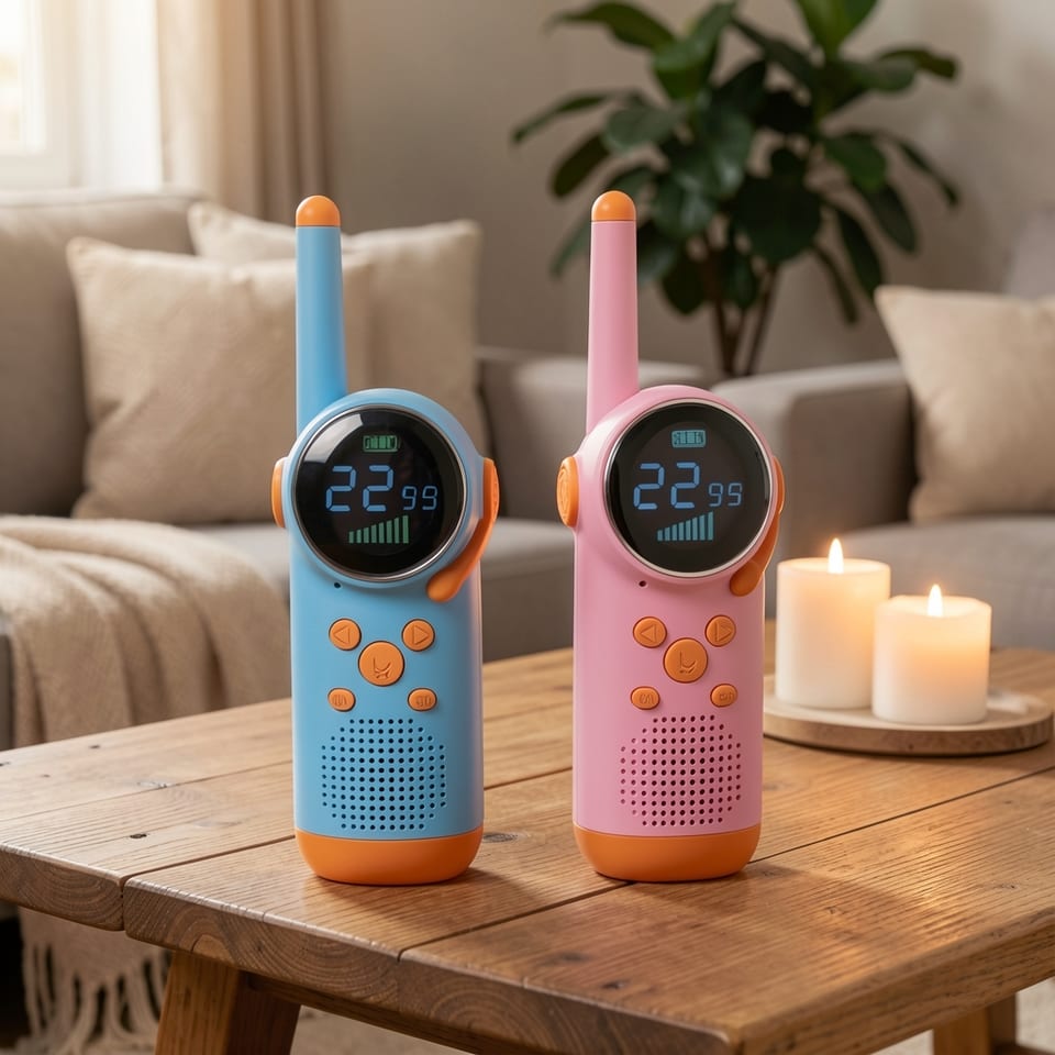Two walkie-talkies, one blue and one pink, with LCD screens and yellow accents.