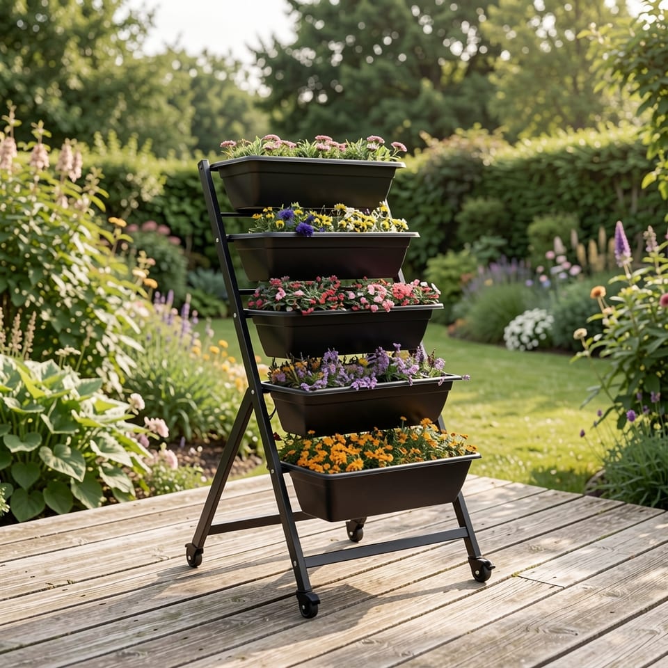Vertical garden planter with five tiers of flowers on a patio