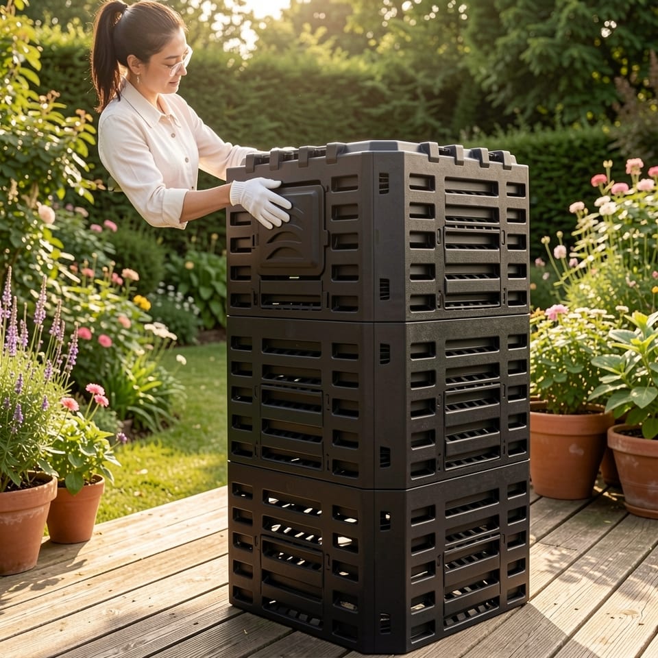 Black plastic compost bin with slatted sides and secure lid