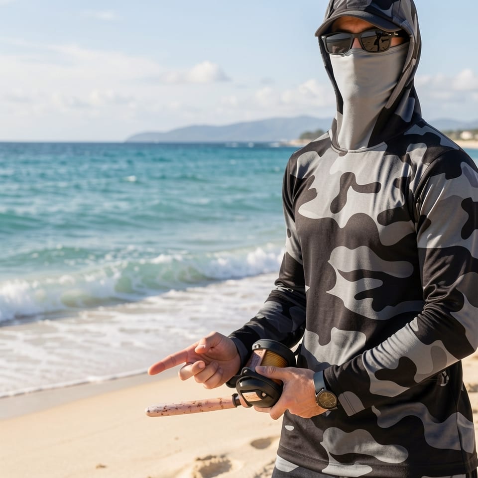 Gray and black camouflage hoodie with white accents and a fish logo.
