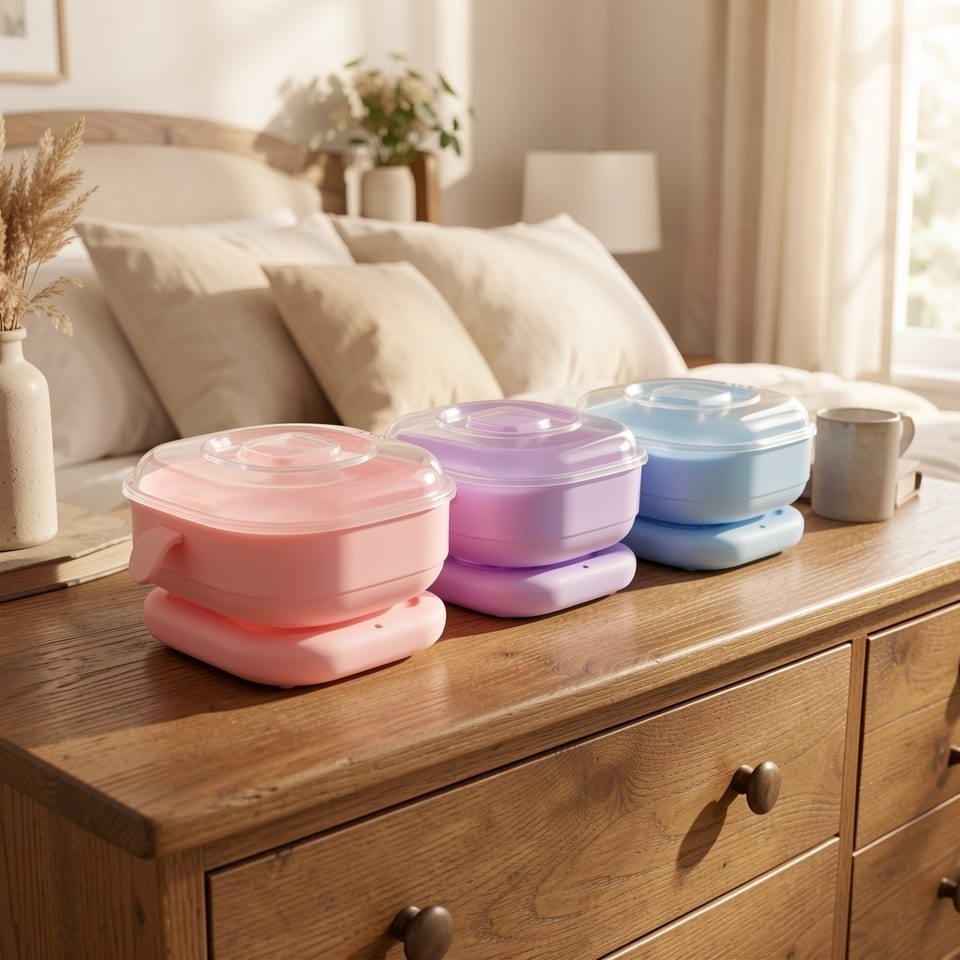A pink wax heater with a clear lid on a bathroom countertop