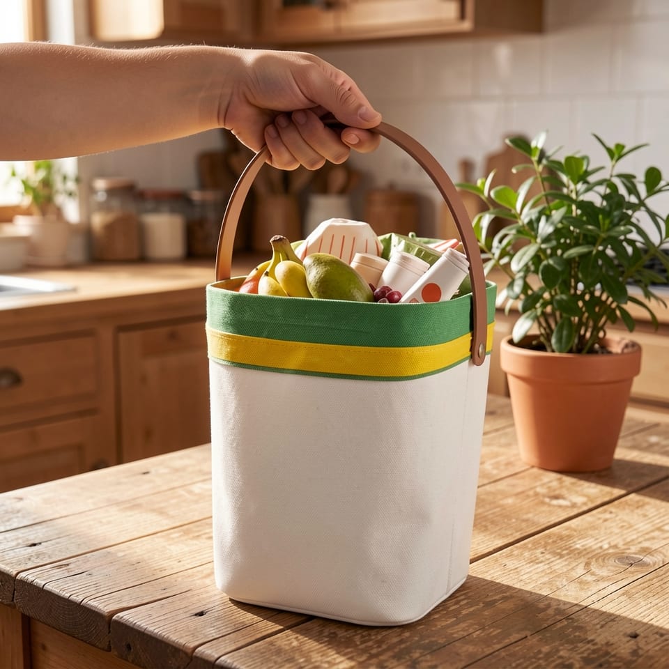 A green and white box of drawstring garbage bags on a pale background