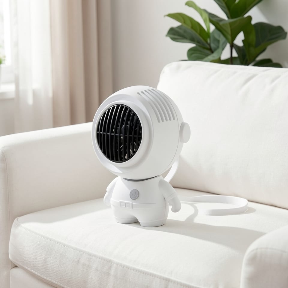 A white astronaut-shaped wearable neck fan with adjustable straps