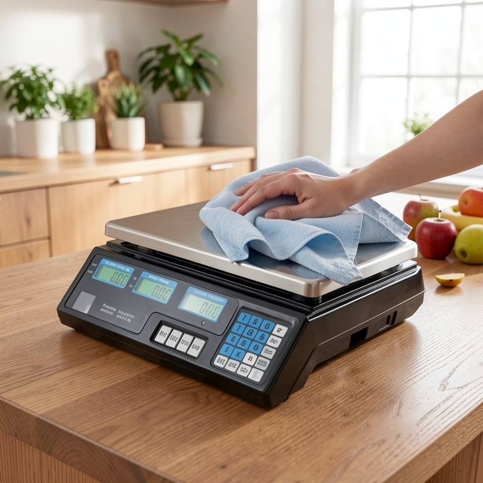 Digital price calculation scale with stainless steel top and black base