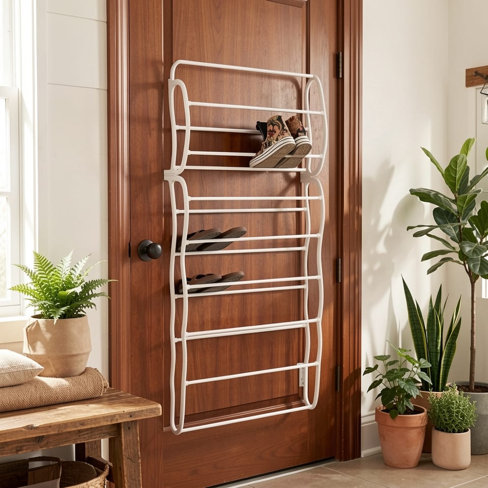 White 12-tier shoe rack components laid out on a plain background