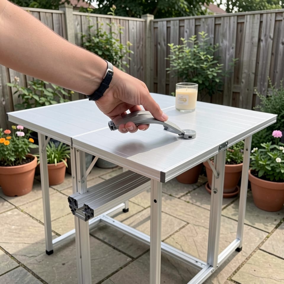 Folding table with three connected panels and collapsible legs