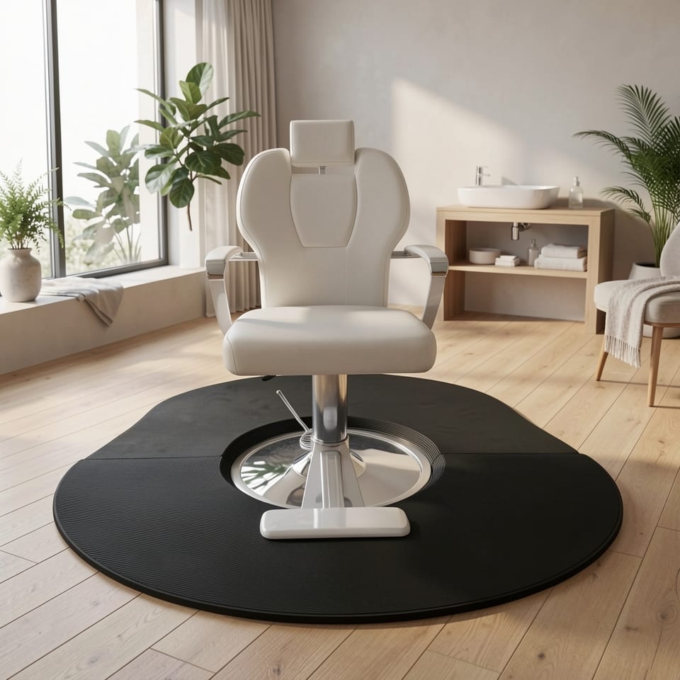 Black semi-circle salon mat on floor
