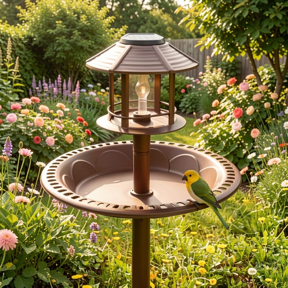 Birdbath with solar light in a garden setting