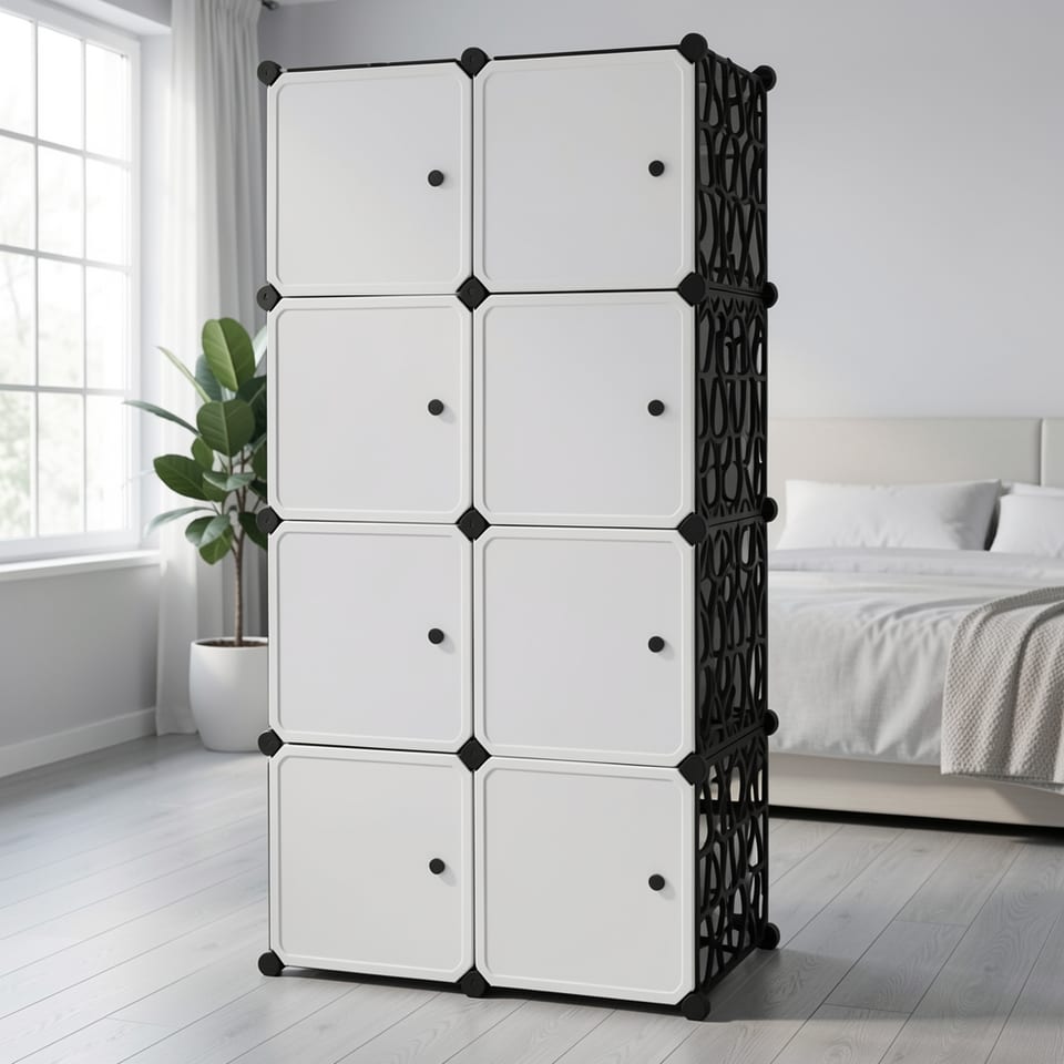 Modular storage unit with white and black panels