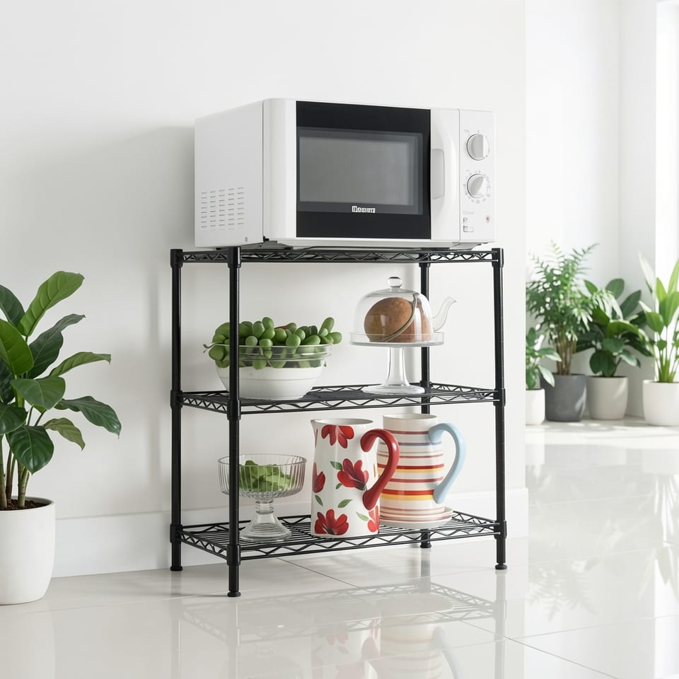 Black metal three-tier storage shelf with microwave and kitchen items