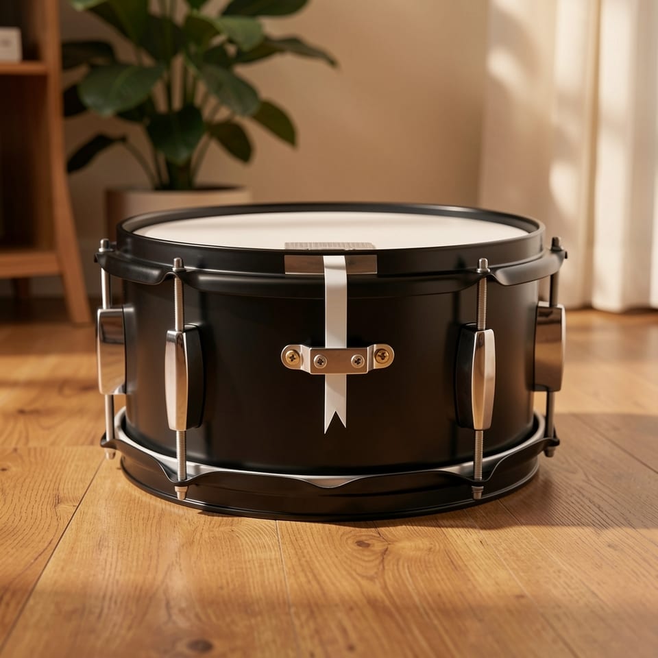 Black snare drum with silver hardware and white strap