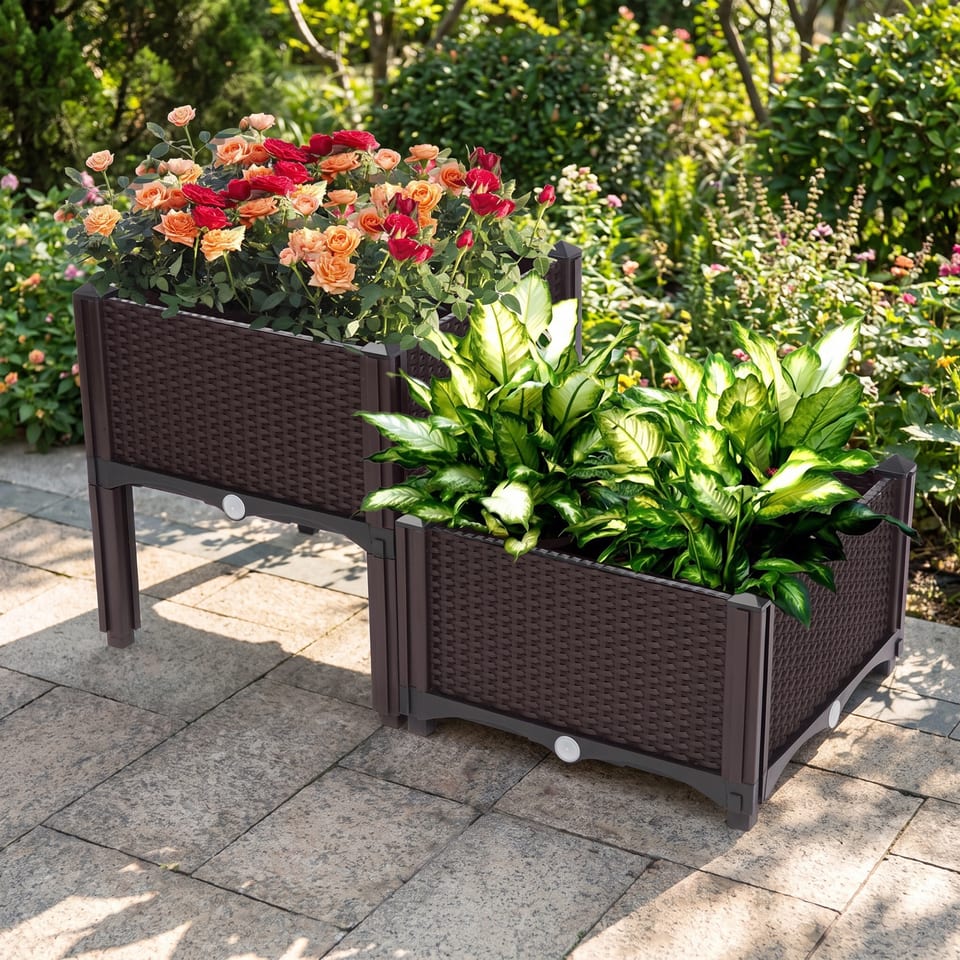 Two-pack brown rattan-style modular raised planter boxes arranged with flowering plants.