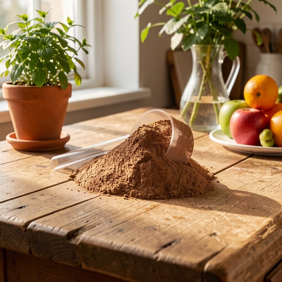 Chocolate whey protein isolate powder in a white container