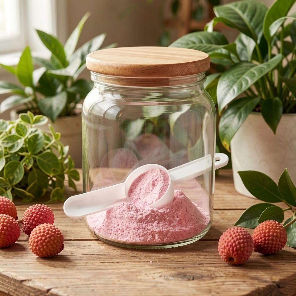 A white plastic container with a blue label and black text reading 'HYDRATION POWDER LYCHEE'