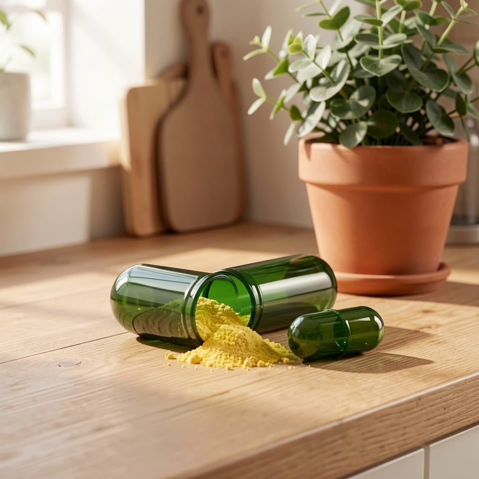 A bottle of Super Fat Burner with MCT capsules on a kitchen counter.