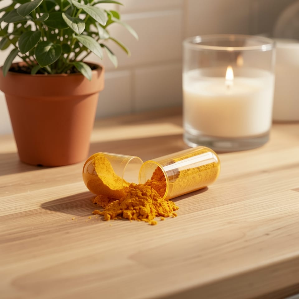 Turmeric supplement capsules on a clean white background