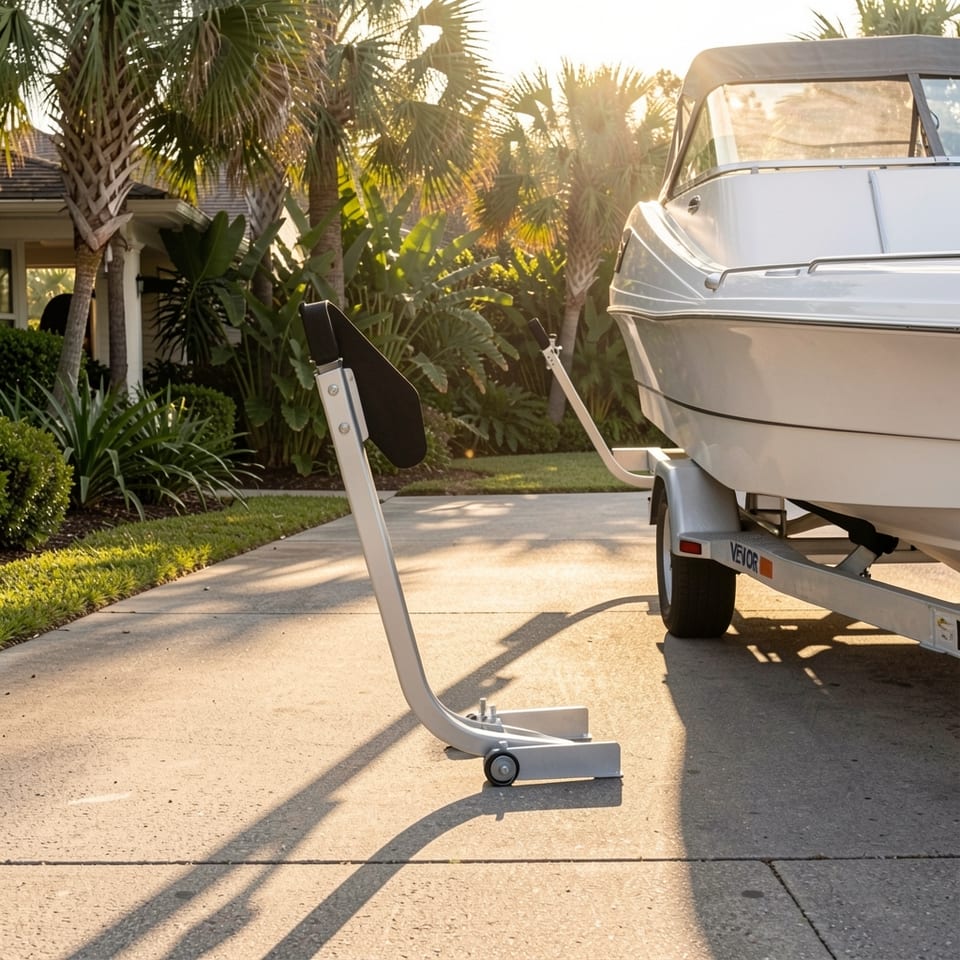 Marine trailer assistant with black padded bar and metal frame