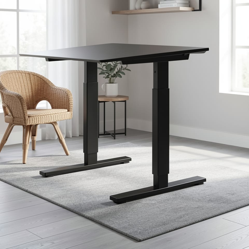 Electric standing desk with black frame and wood top, adjustable height
