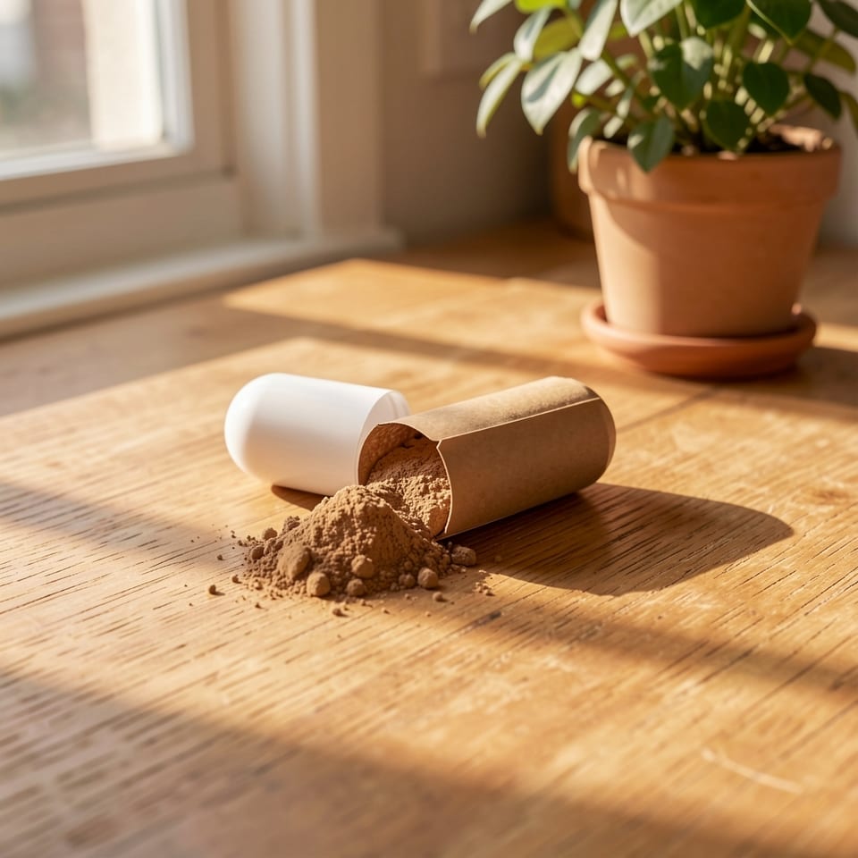 Maca Plus supplement bottle and capsules on a white background