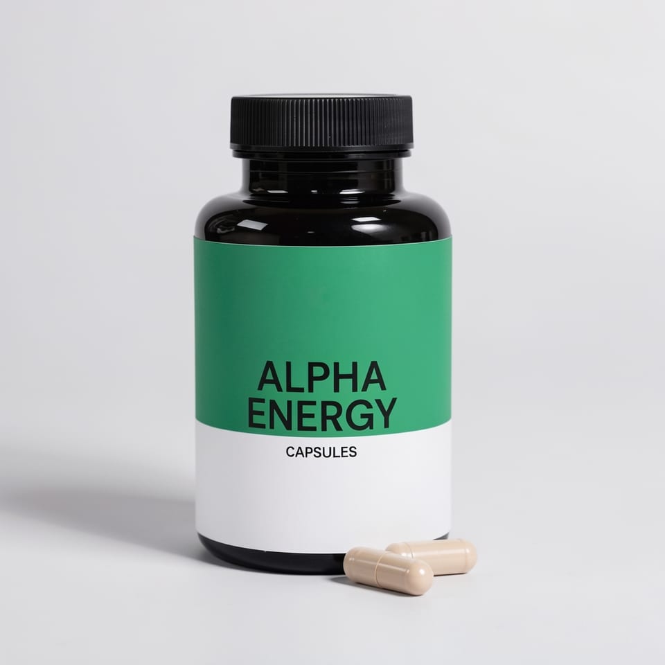 A bottle of Alpha Energy dietary supplement capsules with two capsules in front