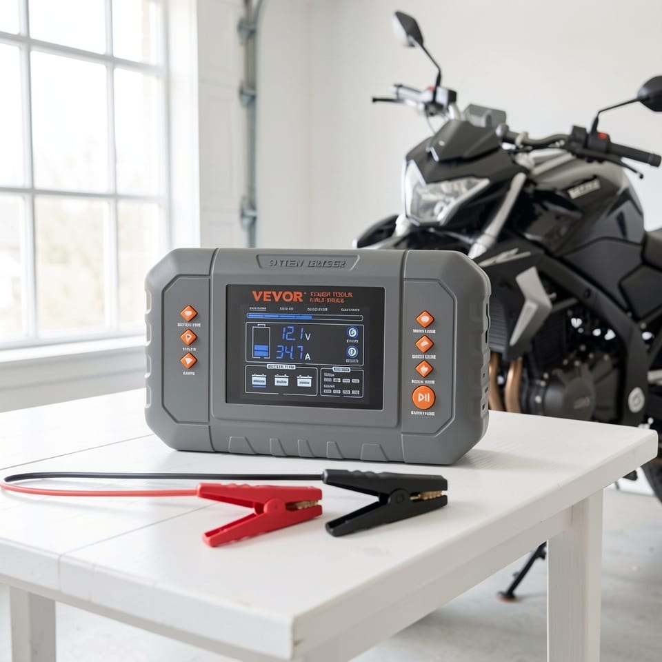 Battery charger with LCD display on a car engine background
