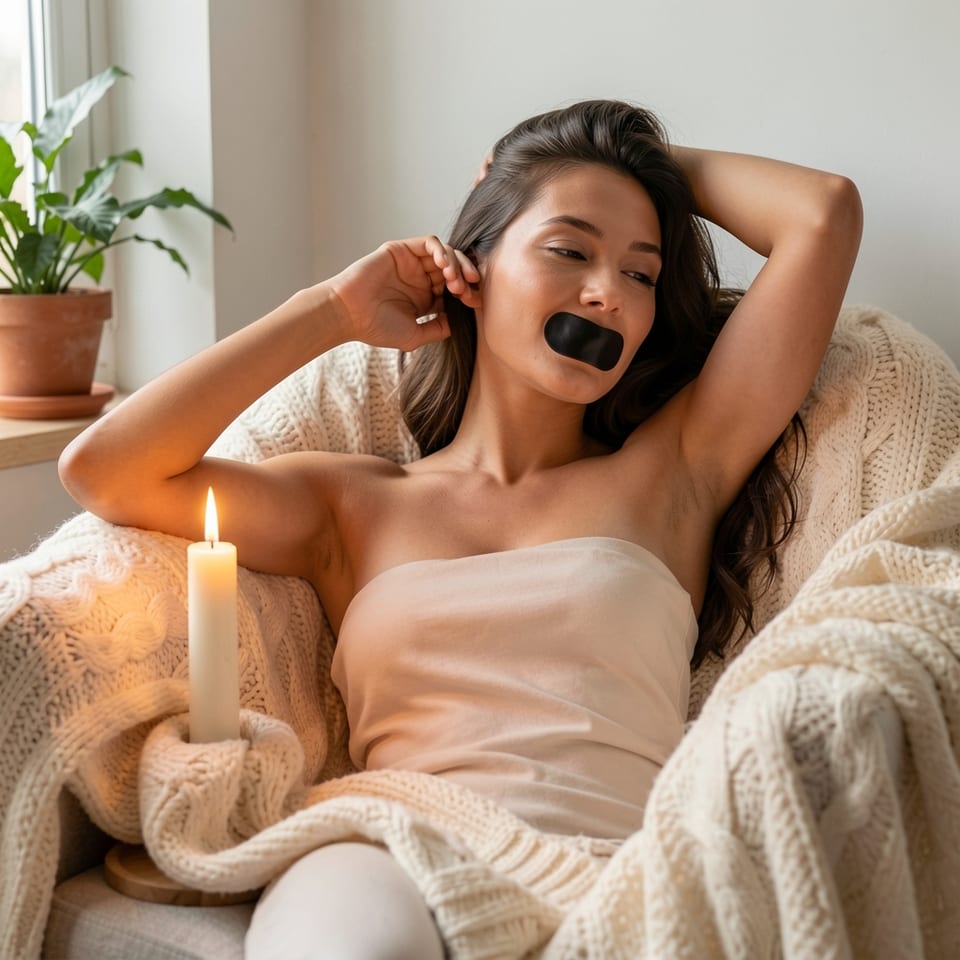 Woman sleeping peacefully with anti-snoring patch on mouth