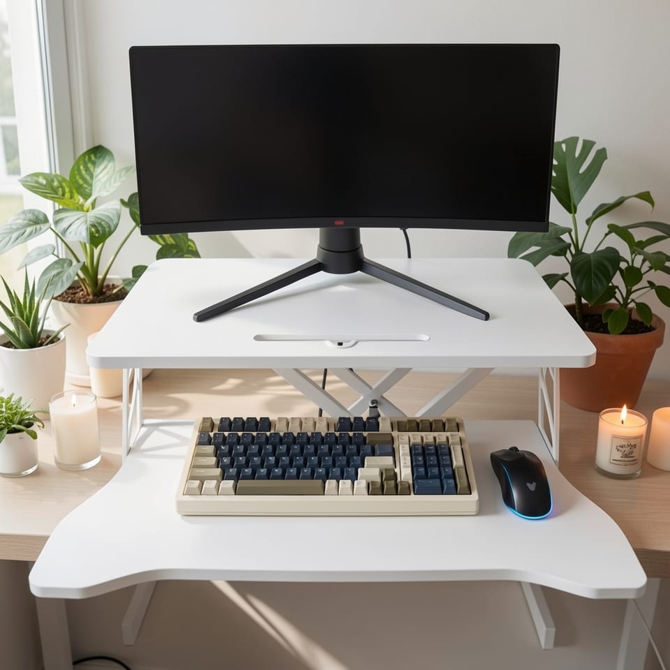 White sit-stand desk converter on a seamless light background