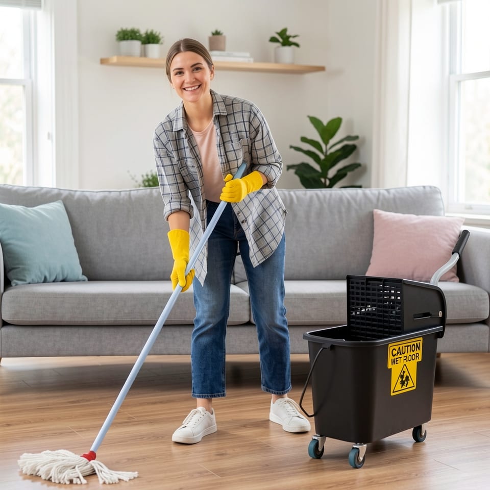 Black mop bucket with wringer on wheels, caution wet floor sign