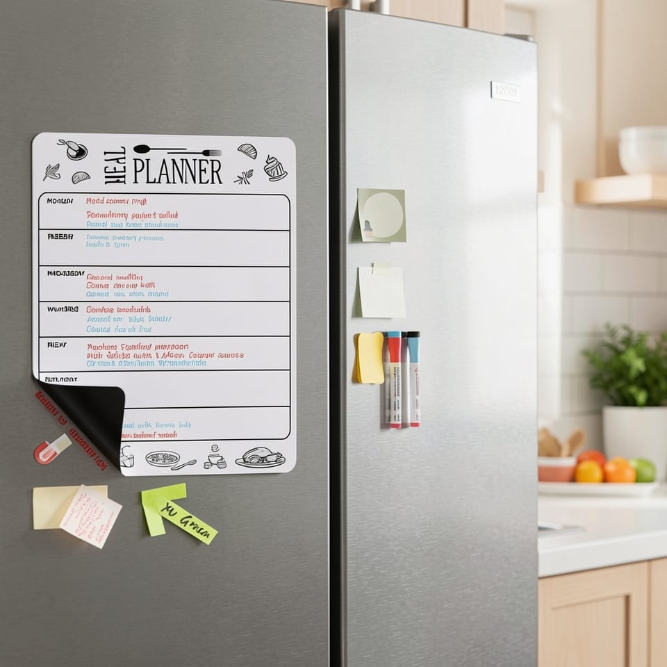 Magnetic fridge message board on a kitchen fridge