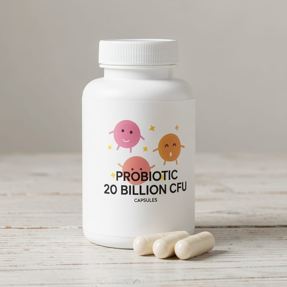 A white plastic bottle of probiotic capsules with a colorful label featuring cartoon microbes.