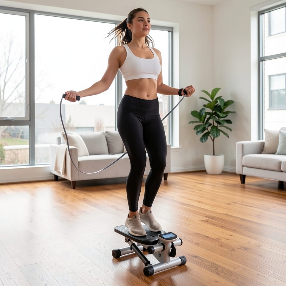 Woman exercising on mini stepper with resistance bands in a living room