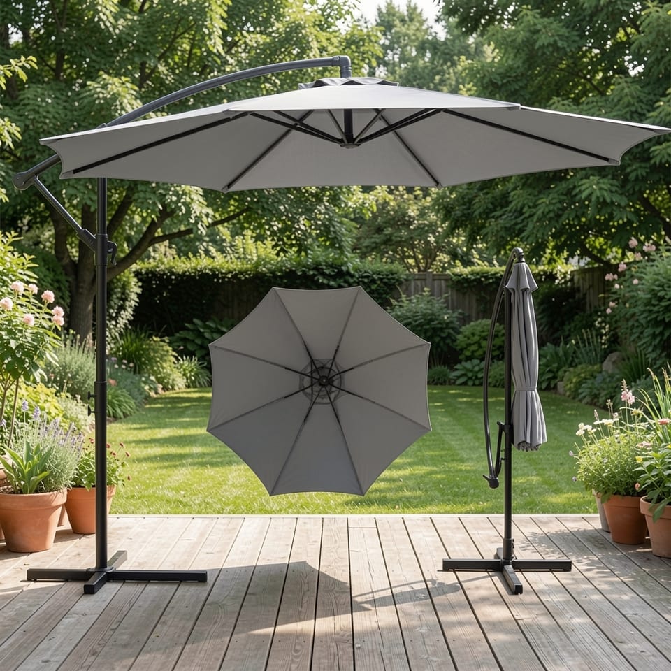 A large beige cantilever umbrella providing shade in an outdoor setting