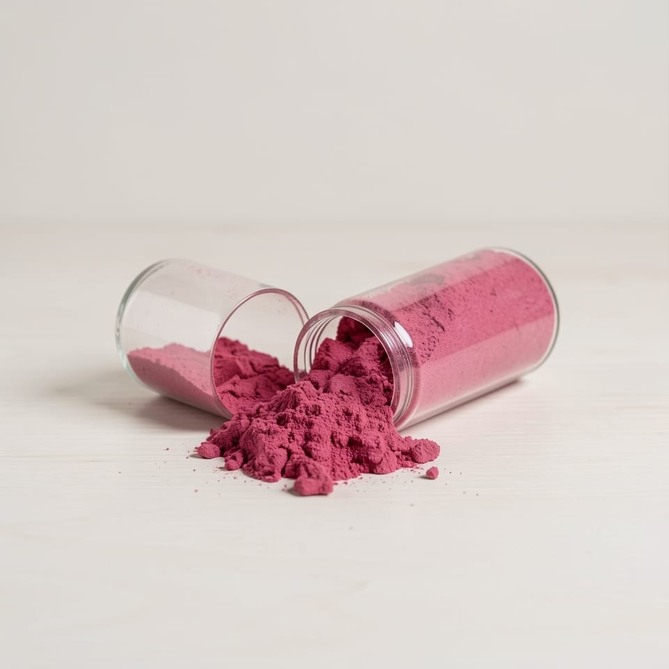 Beetroot powder supplement capsules on a clean white background