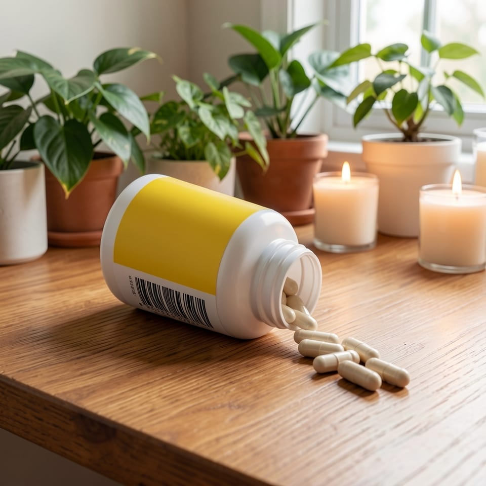 A white plastic bottle with a yellow label and capsules spilling out