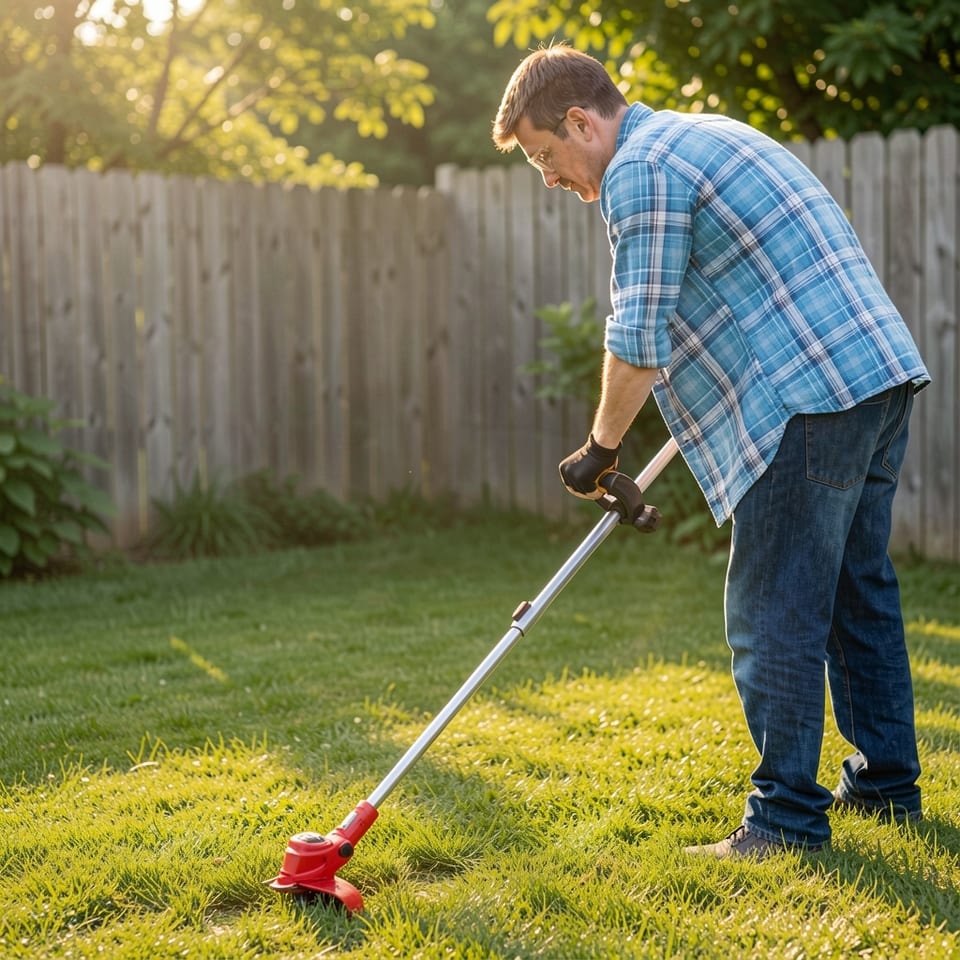 Adjustable telescopic weed trimmer with red handle and metal pole