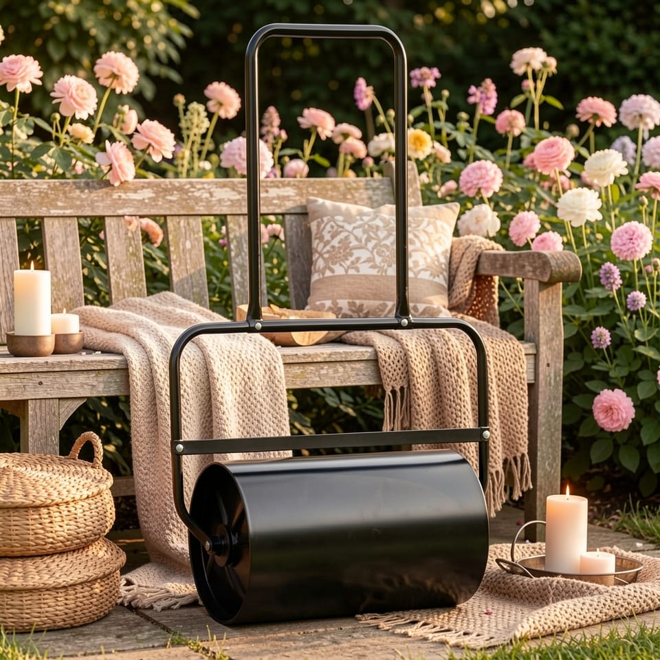 Black iron lawn roller with handle on a green lawn