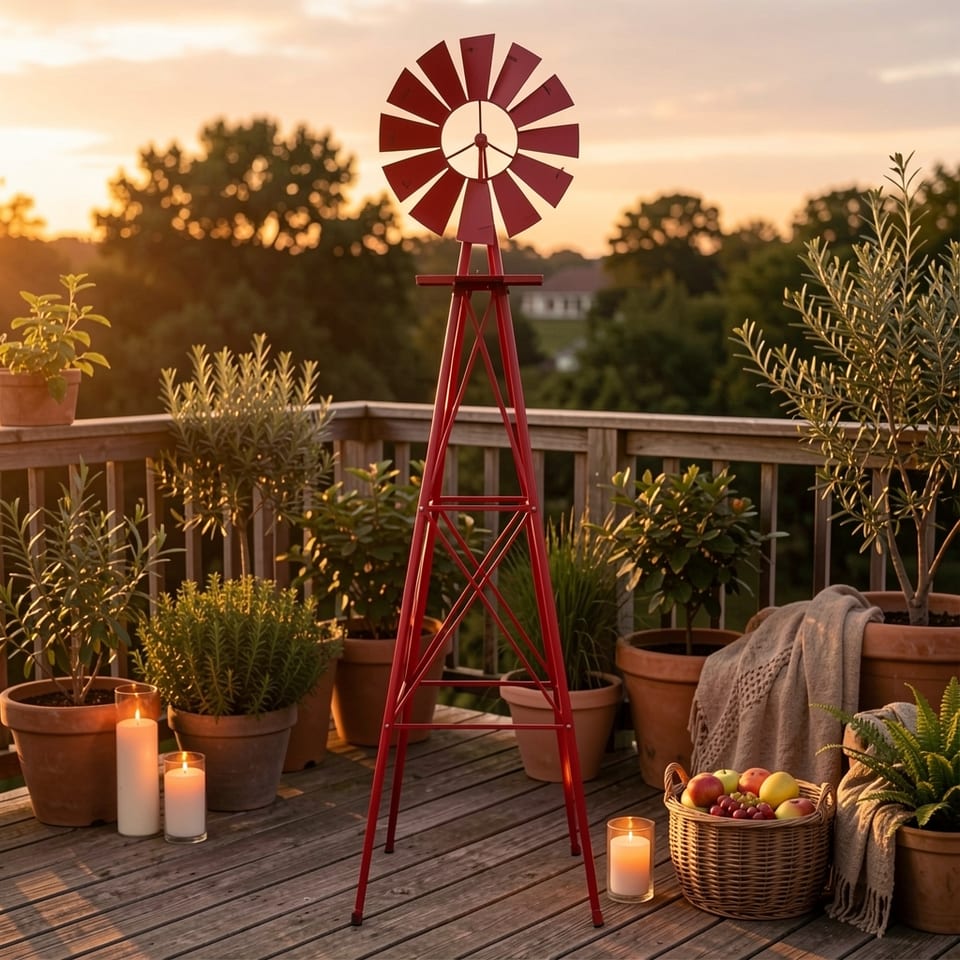 Red metal windmill with four legs and a central pole