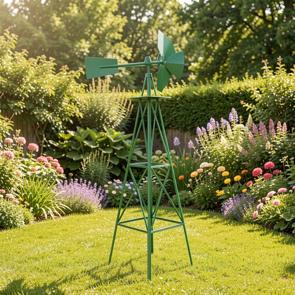 A green and yellow windmill on a white background