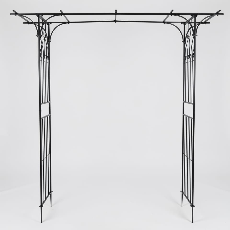 Black metal garden archway with flat top and decorative sides