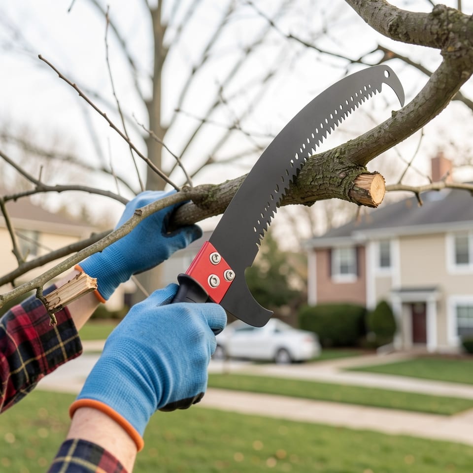 A person using a green and silver pole saw to trim a bare tree branch in a residential yard.
