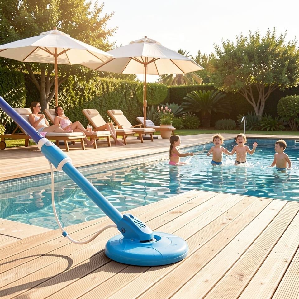 Automatic pool cleaner in a swimming pool with blue tiles
